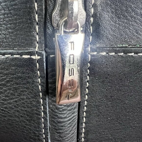 VTG Fossil Leather 2‎ Bottles Wine Travel Bag Case Leather Purse Handle Zipper - Picture 5 of 8